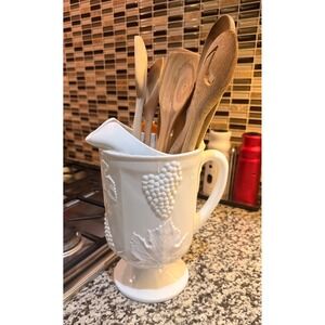 Vintage White Milk Glass Grape Harvest Pedestal Pitcher Vase Planter 9" Relief